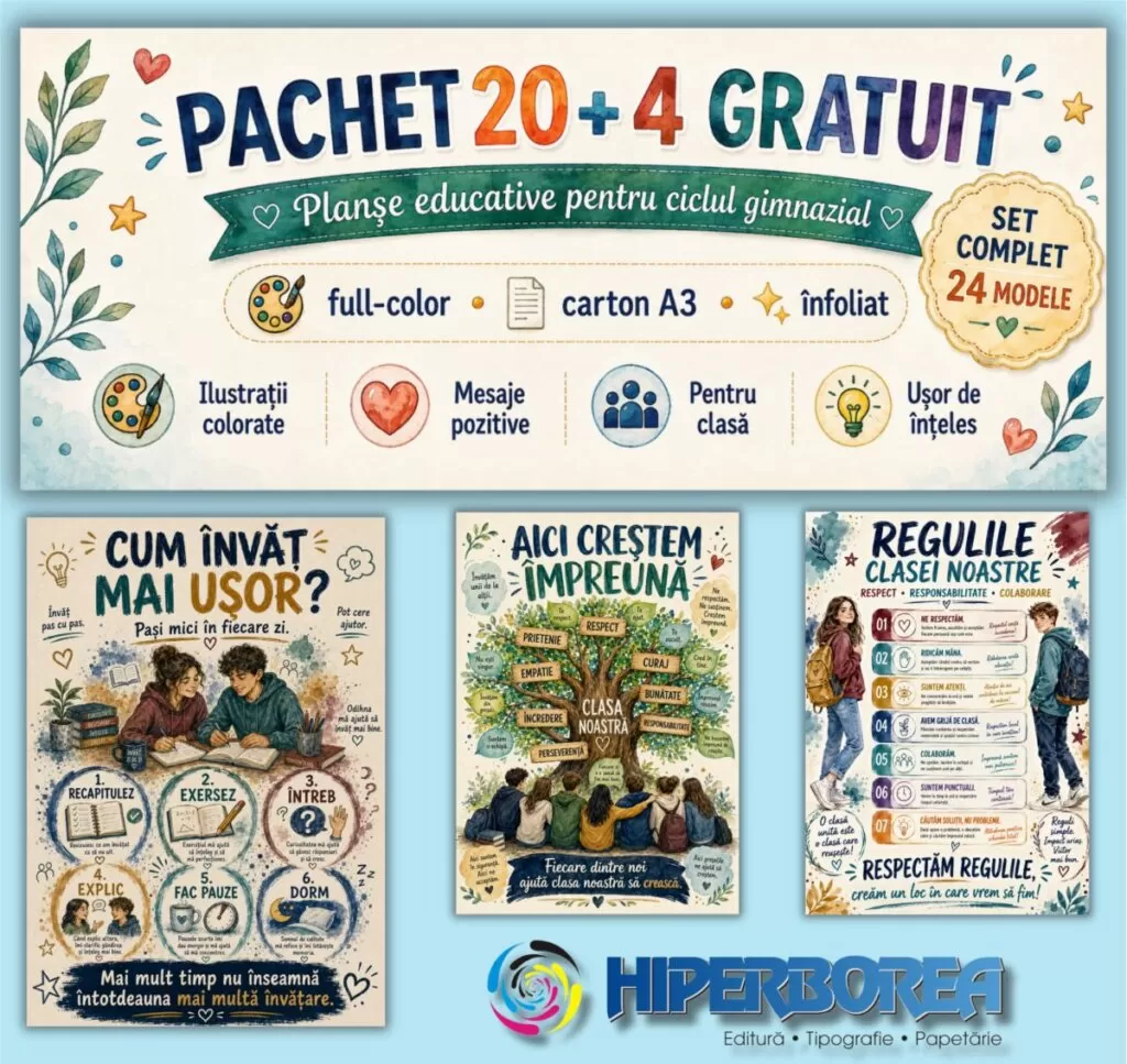Set 24 Planșe Educative pentru Gimnaziu – Pachet 20 + 4 GRATUIT, Format A3, Full-Color, Carton Înfoliat – Reguli, Valori și Dezvoltare Personală