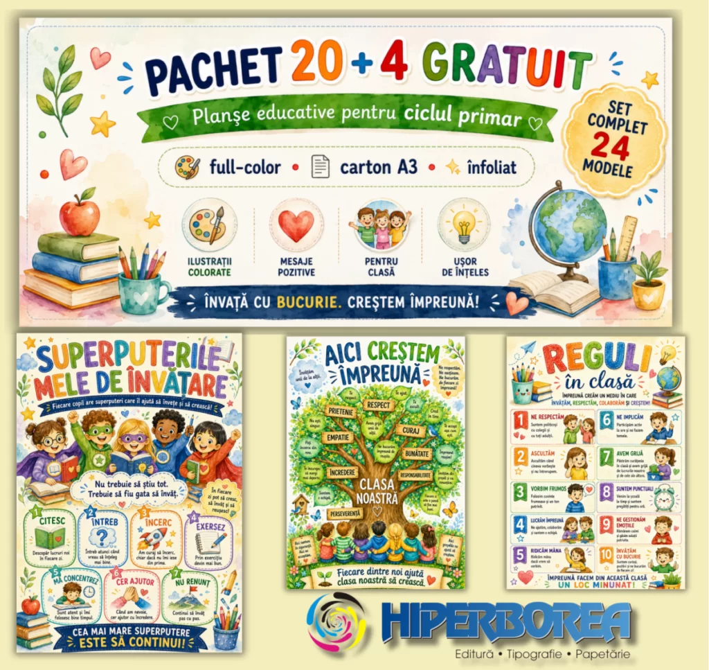 Set 24 Planșe Educative pentru Primar – Pachet 20 + 4 GRATUIT, Format A3, Full-Color, Carton Înfoliat – Reguli, Emoții și Dezvoltare Personală