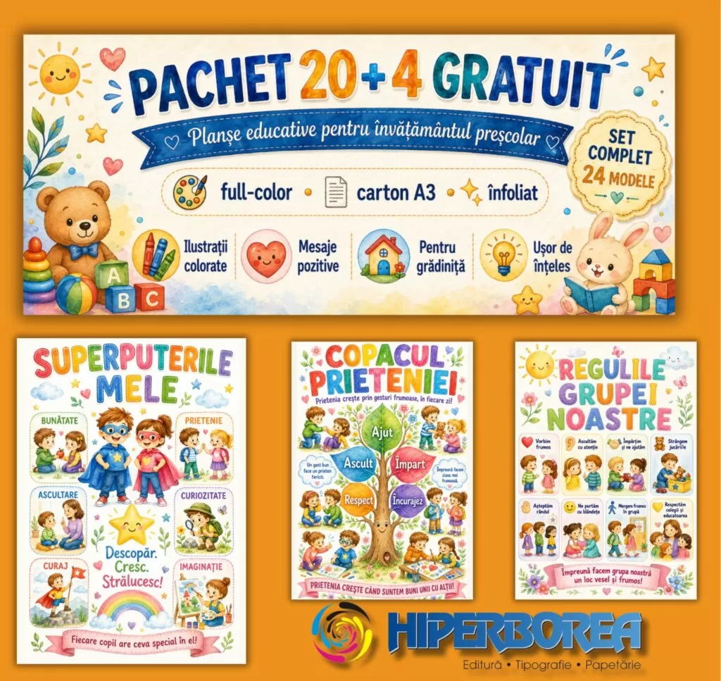 Set 24 Planșe Educative pentru Grădiniță – Pachet 20 + 4 GRATUIT, Format A3, Full-Color, Carton Înfoliat – Reguli, Emoții și Dezvoltare Personală
