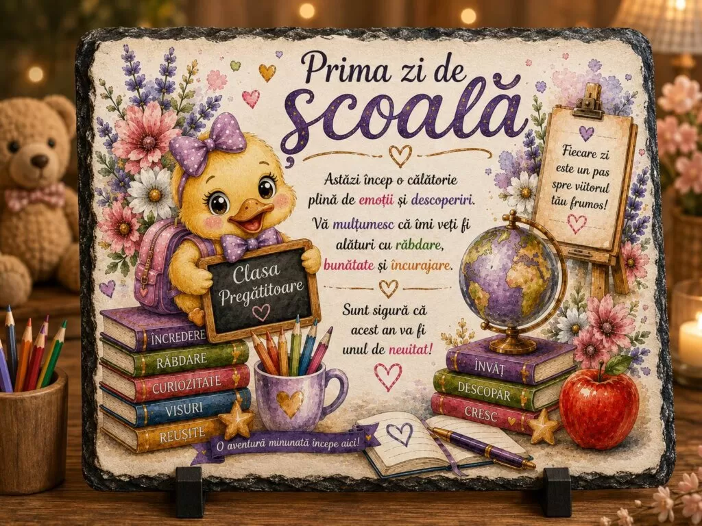 Placă ardezie – Cadou pentru învățătoare – Prima Zi de Școală (fetiță)