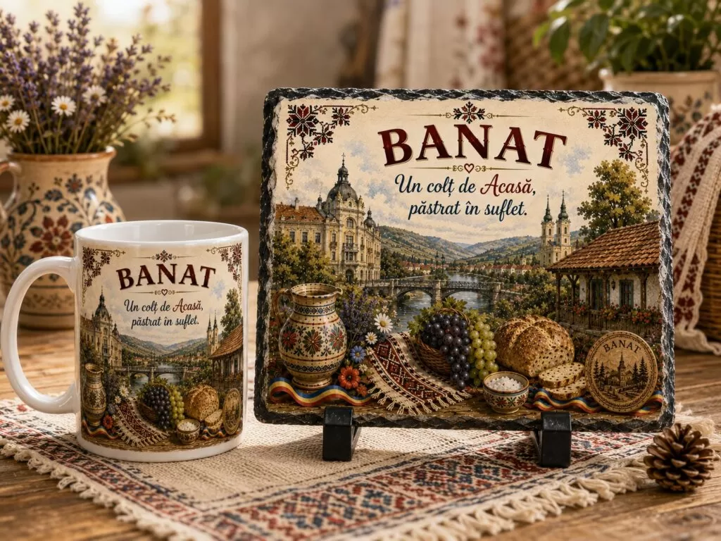 Set Cadou Banat – Cană Ceramică și Ardezie Naturală Personalizată