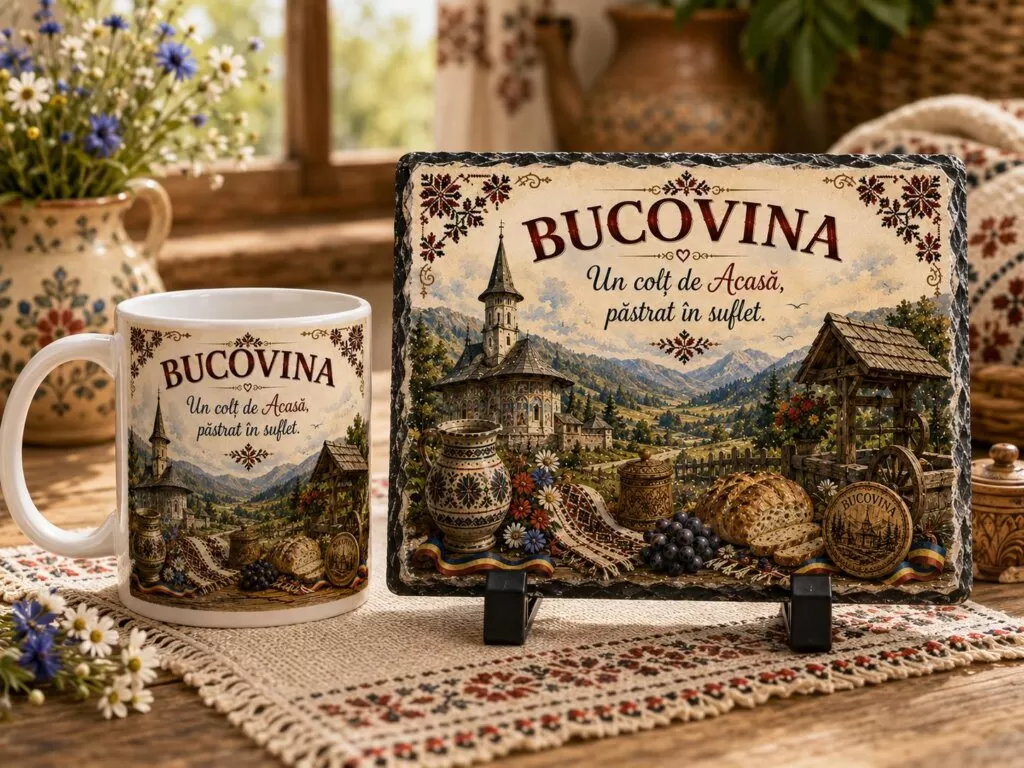 Set Cadou Bucovina – Cană Ceramică și Ardezie Naturală Personalizată