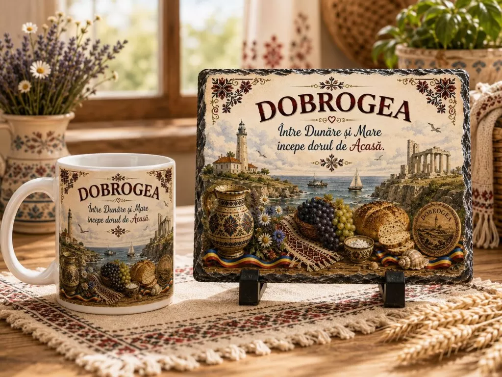 Set Cadou Dobrogea – Cană Ceramică și Ardezie Naturală Personalizată
