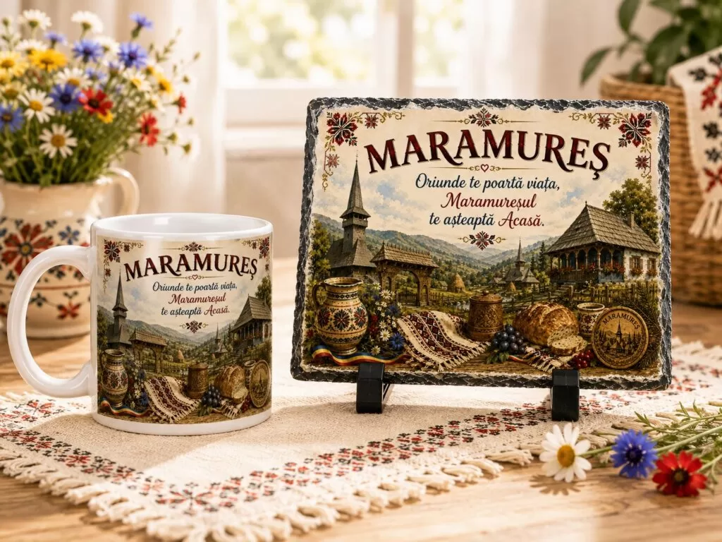 Set Cadou Maramureș – Cană Ceramică și Ardezie Naturală Personalizată