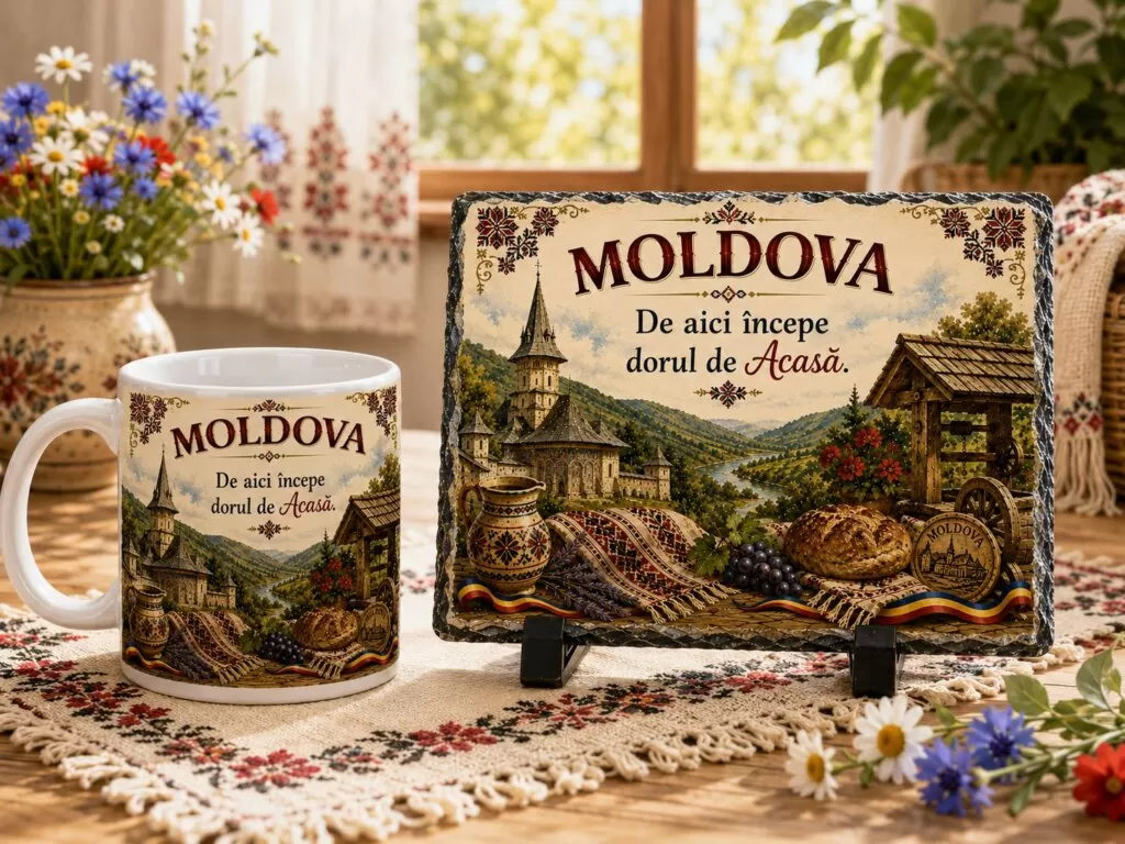 Set Cadou Moldova – Cană Ceramică și Ardezie Naturală Personalizată