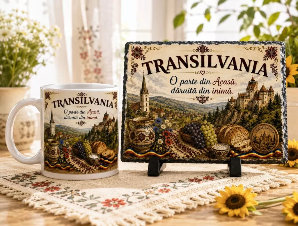 Set Cadou Transilvania – Cană Ceramică și Ardezie Naturală Personalizată