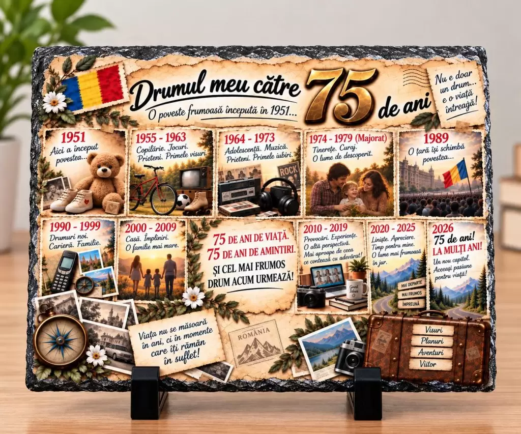 Placă ardezie – Cadou 75 Ani – „Drumul Meu către 75 de Ani”