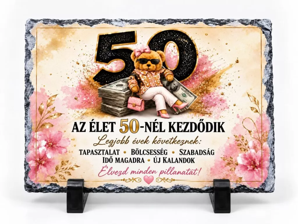 Placă ardezie – Cadou 50 Ani pentru Femeie – Mesaj în Limba Maghiară „Az élet 50-nél kezdődik”
