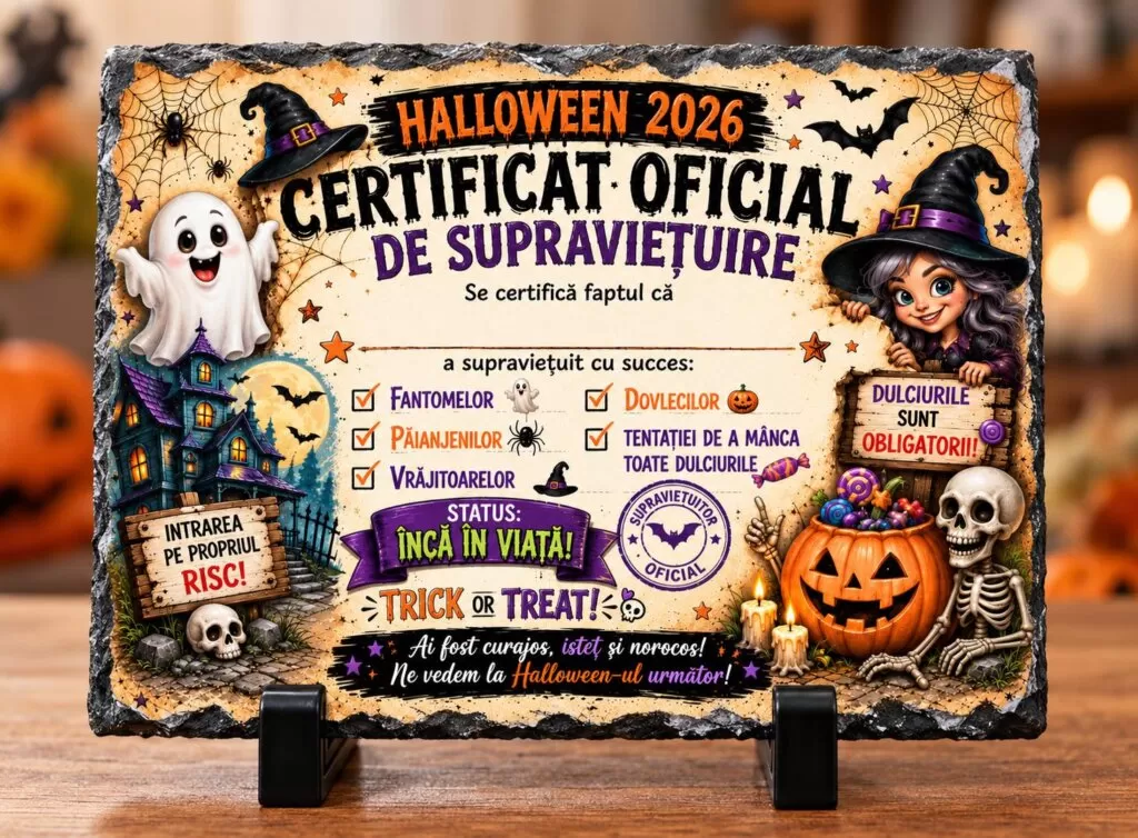 Placă ardezie Halloween – Certificat Oficial de Supraviețuire 2026, cadou amuzant personalizabil pentru copii și adulți