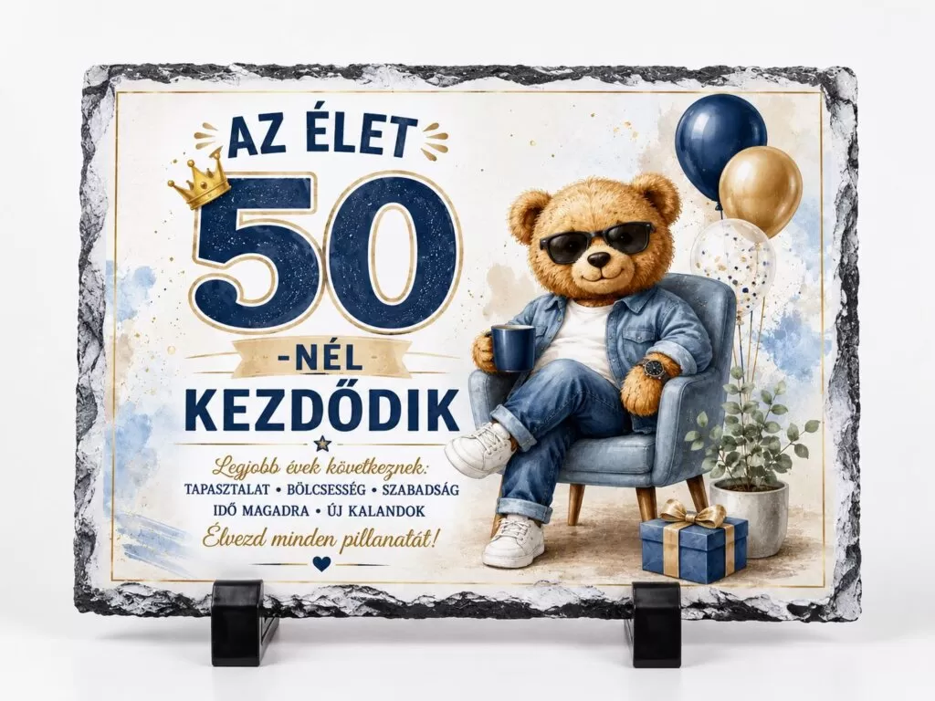 Placă ardezie – Cadou 50 Ani pentru Bărbat – Mesaj în Limba Maghiară „Az élet 50-nél kezdődik”