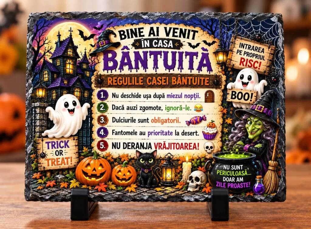 Placă ardezie Halloween – „Bine ai venit în Casa Bântuită”