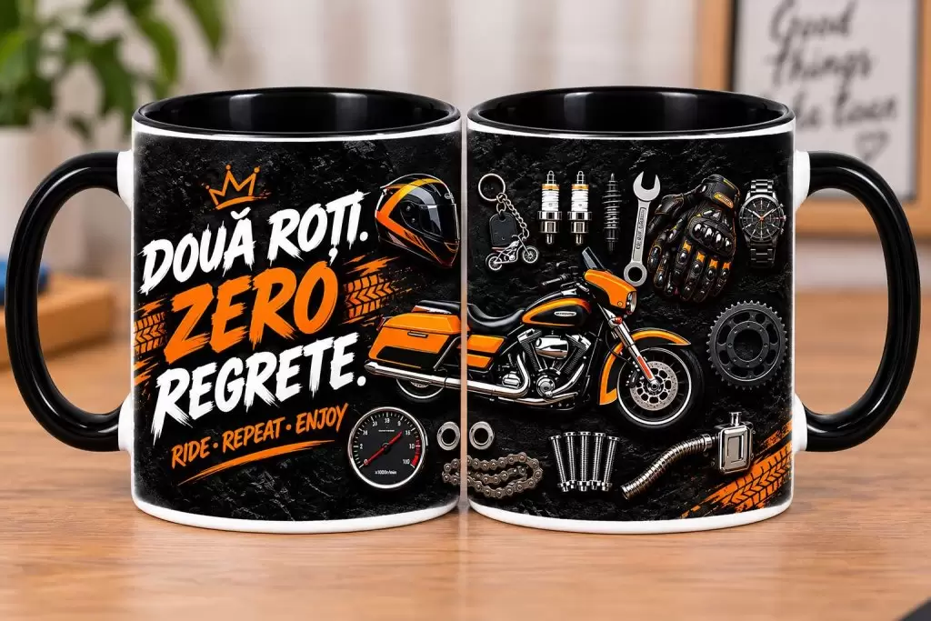 Cană Motociclist „Două Roți, Zero Regrete”, Cadou pentru Motociclist
