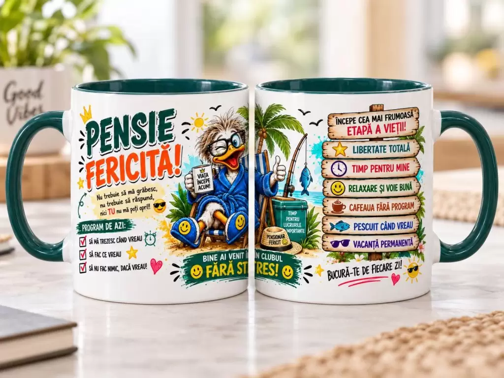 Cană cadou „Pensie Fericită” – Cadou Amuzant pentru Pensionare (pentru Pensionar)