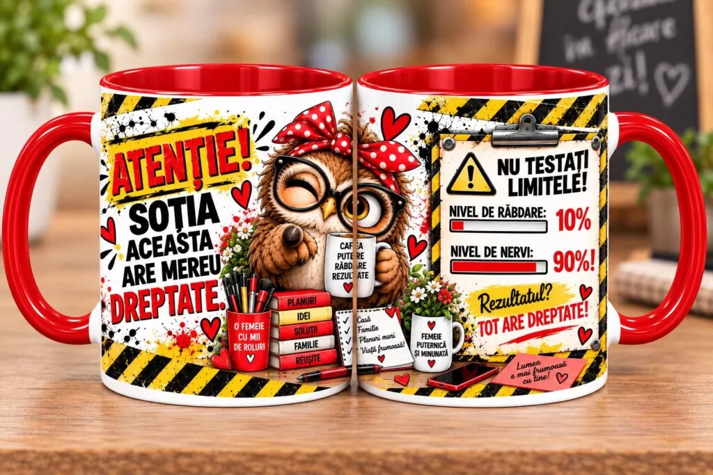 Cană Amuzantă – „Atenție! Soția aceasta are mereu dreptate!”
