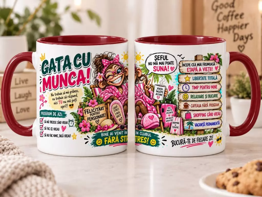 Cană cadou „Gata cu Munca!” – Cadou Amuzant pentru Pensionare (pentru Pensionară)