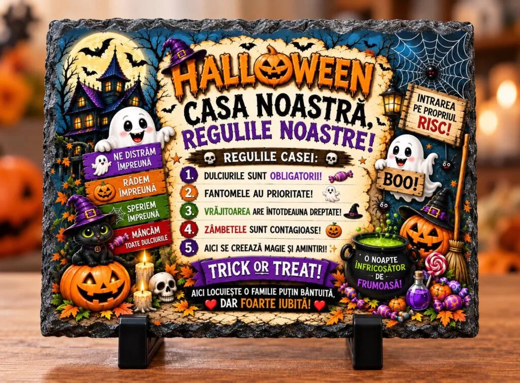 Placă ardezie Halloween – „Casa Noastră, Regulile Noastre”, cadou amuzant pentru familie, decor Halloween