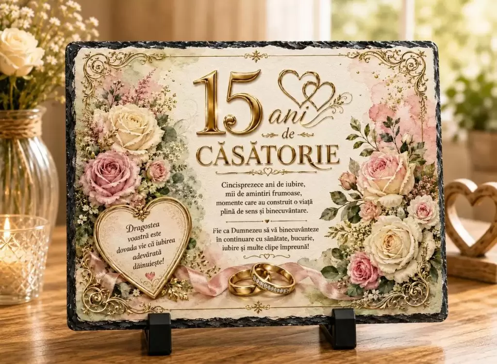 Placă ardezie – 15 ani de căsătorie – Cadou Elegant pentru Aniversarea Căsătoriei