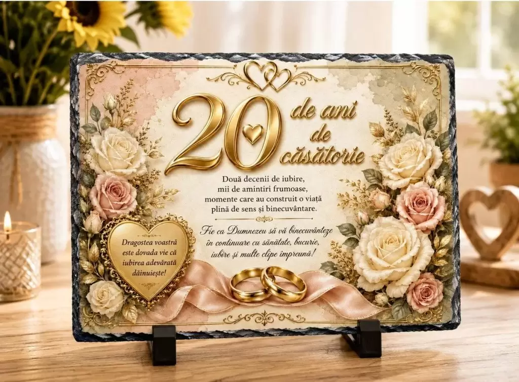 Placă ardezie – 20 de ani de căsătorie – Cadou Elegant pentru Aniversarea Căsătoriei