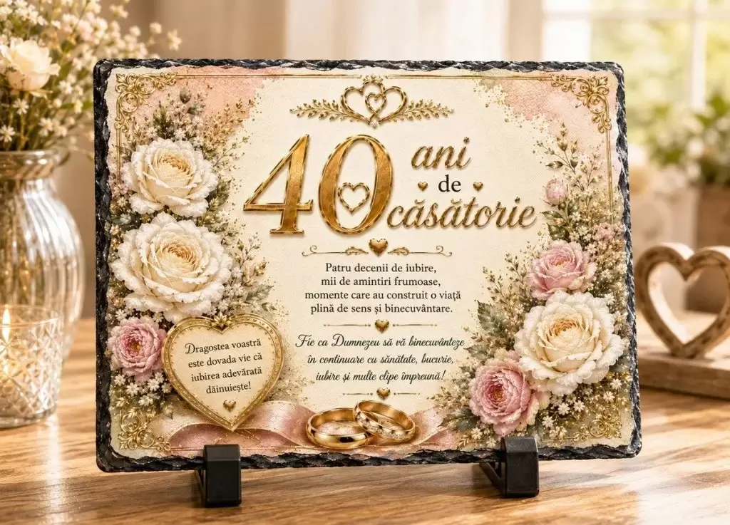 Placă ardezie – 40 de ani de căsătorie – Cadou Elegant pentru Aniversarea Căsătoriei