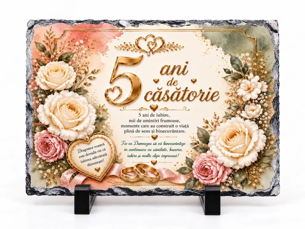 Placă ardezie – 5 ani de căsătorie – Cadou Elegant pentru Aniversarea Căsătoriei