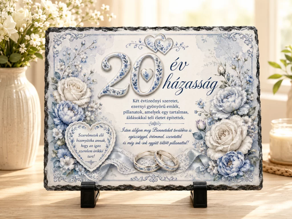 Placă ardezie – 20 de ani de căsătorie –  text în limba maghiară – Nunta de porțelan