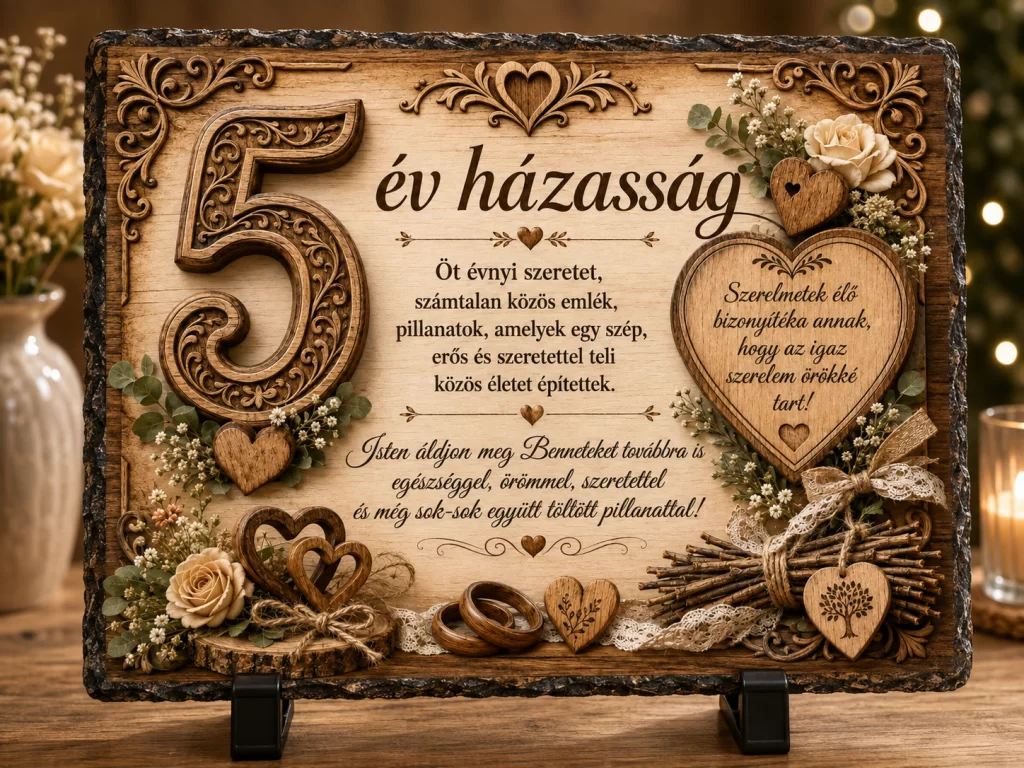 Placă ardezie – 5 de ani de căsătorie – text în limba maghiară – Nunta de lemn