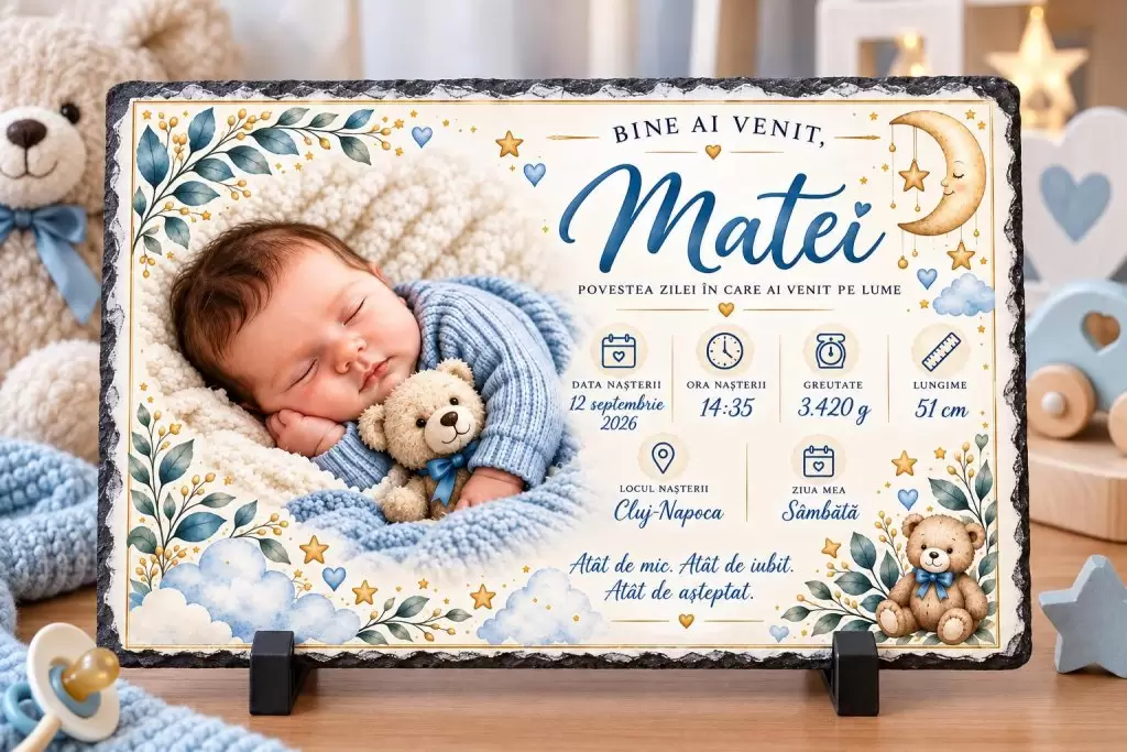 Poză, Fotografie Personalizată pe Piatră – pentru bebeluși cu poză și datele nașterii (băiețel) 29 x 19 cm