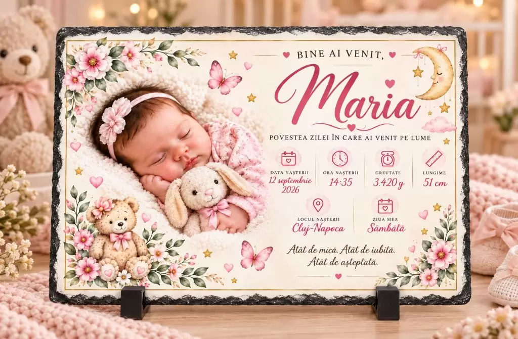 Poză, Fotografie Personalizată pe Piatră – pentru bebeluși cu poză și datele nașterii (fetiță) 29 x 19 cm