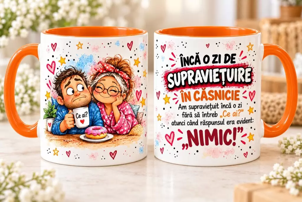 Cană Amuzantă Căsnicie „Încă o Zi de Supraviețuire în Căsnicie”