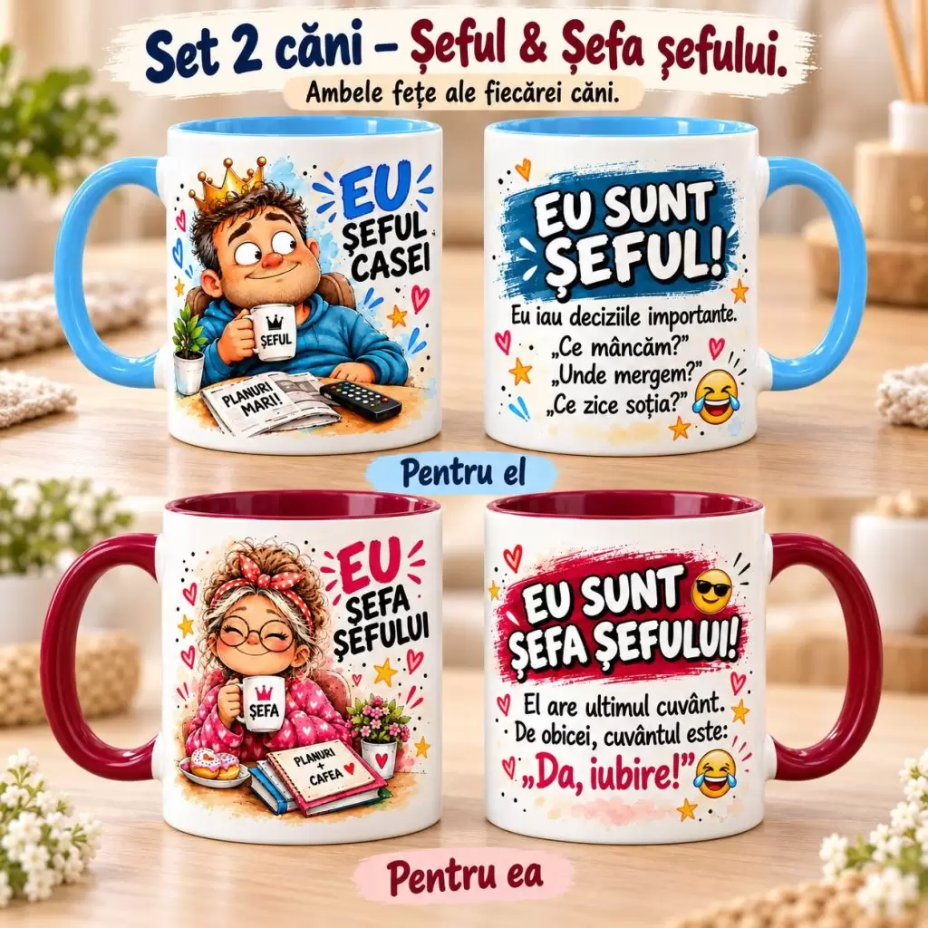 Set 2 Căni Soț & Soție „Șeful Casei & Șefa Șefului”