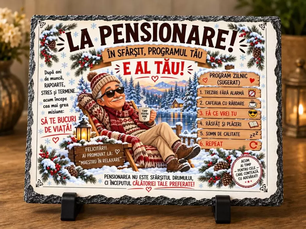 Placă ardezie – pentru pensionare Bărbat – „La Pensionare – În Sfârșit, Programul Tău e al Tău”